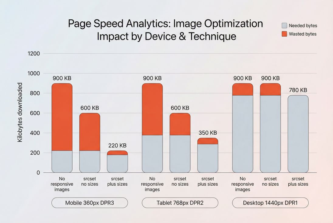 Stacked bars comparing bytes downloaded for the same hero image with no srcset, srcset without sizes, and srcset with correct sizes across mobile, tablet, and desktop