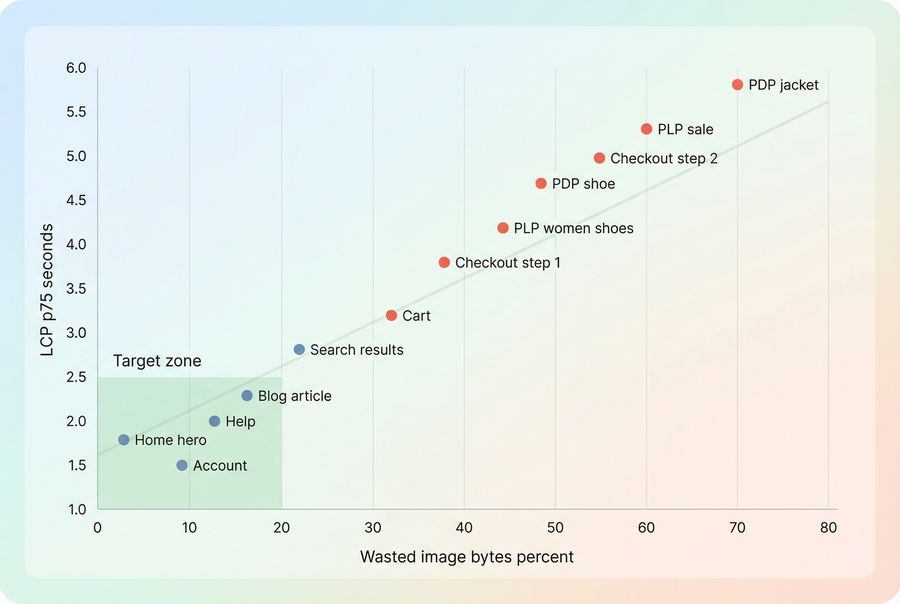 Scatter plot showing relationship between wasted image bytes percentage and LCP p75 across page templates, highlighting a target region under 20 percent waste and under 2.5 seconds LCP