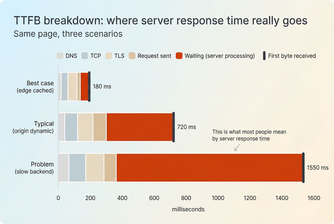 Stacked bars showing TTFB broken into DNS, TCP, TLS, request, and waiting time