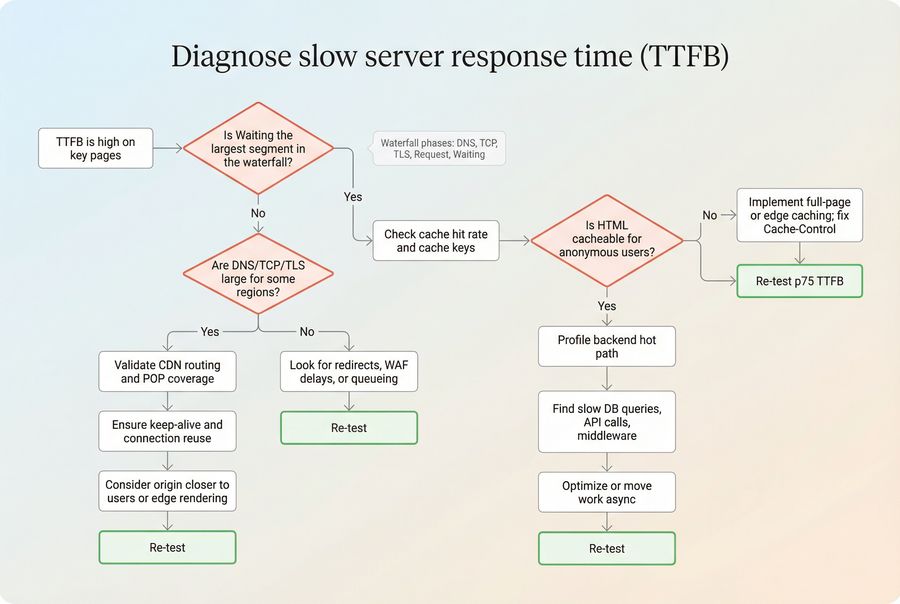 Flowchart for diagnosing slow server response time using waterfall phases and cache checks