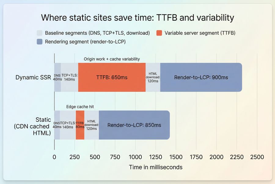Stacked bars comparing dynamic SSR vs static page load breakdown highlighting TTFB reduction and more consistent total load time