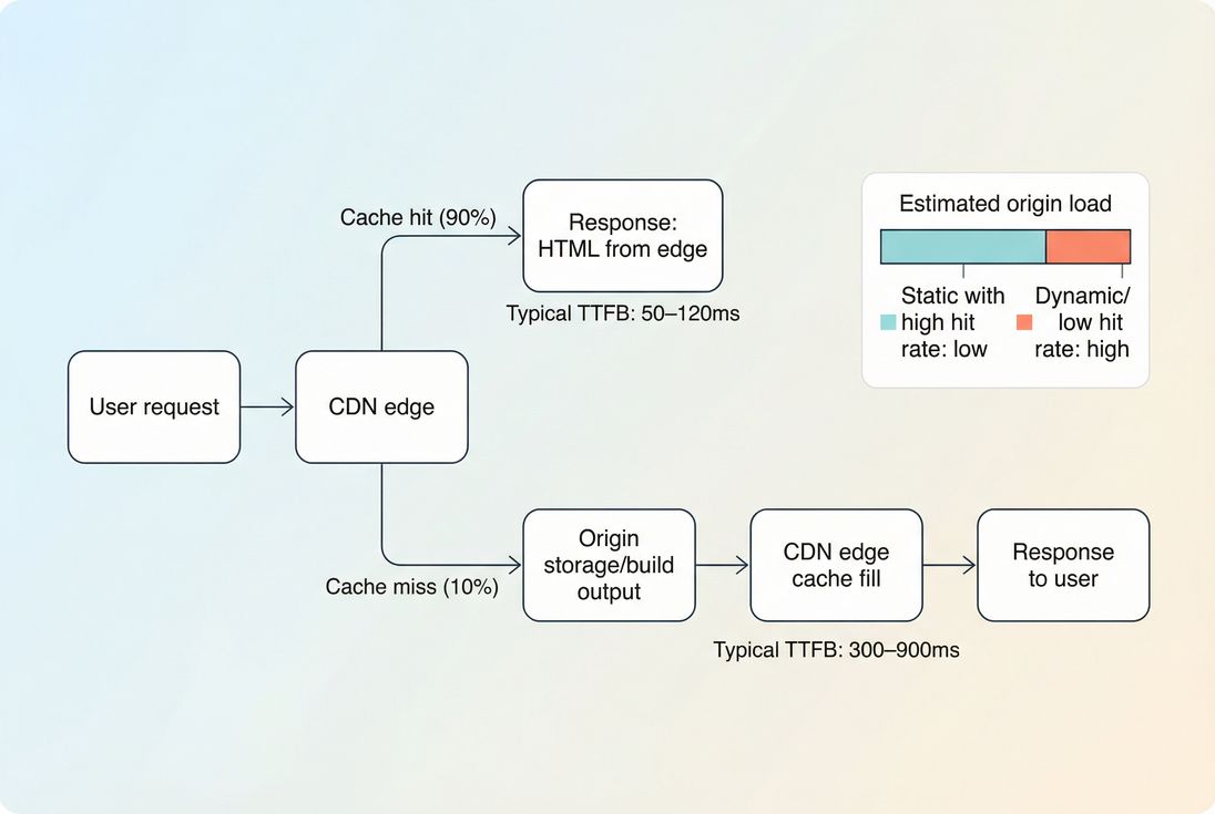 Flow diagram showing CDN edge cache hit vs miss paths and how cache hit rate affects TTFB and origin load