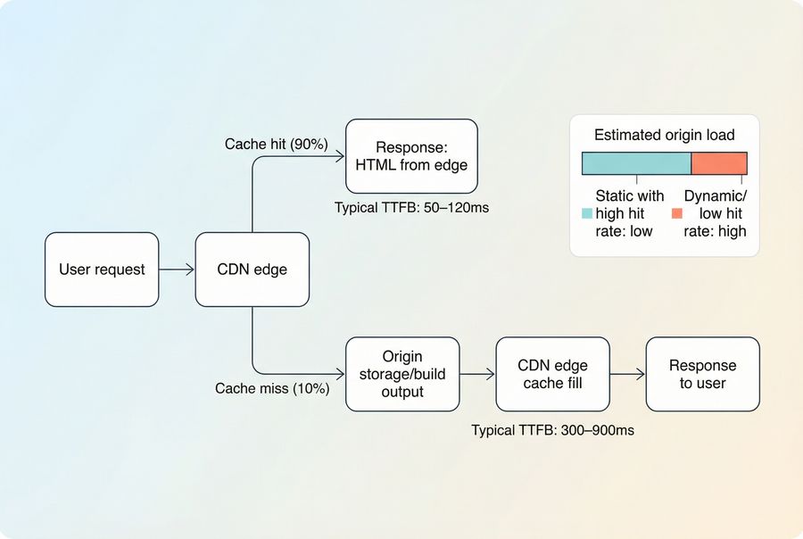 Flow diagram showing CDN edge cache hit vs miss paths and how cache hit rate affects TTFB and origin load