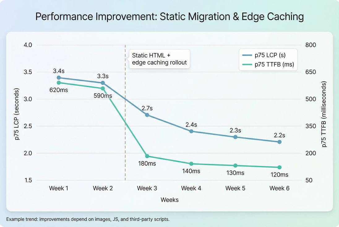 Line chart showing p75 LCP and p75 TTFB improving after migrating key pages to static with edge caching