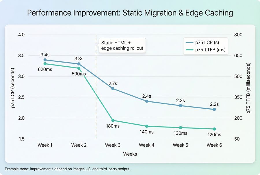 Line chart showing p75 LCP and p75 TTFB improving after migrating key pages to static with edge caching