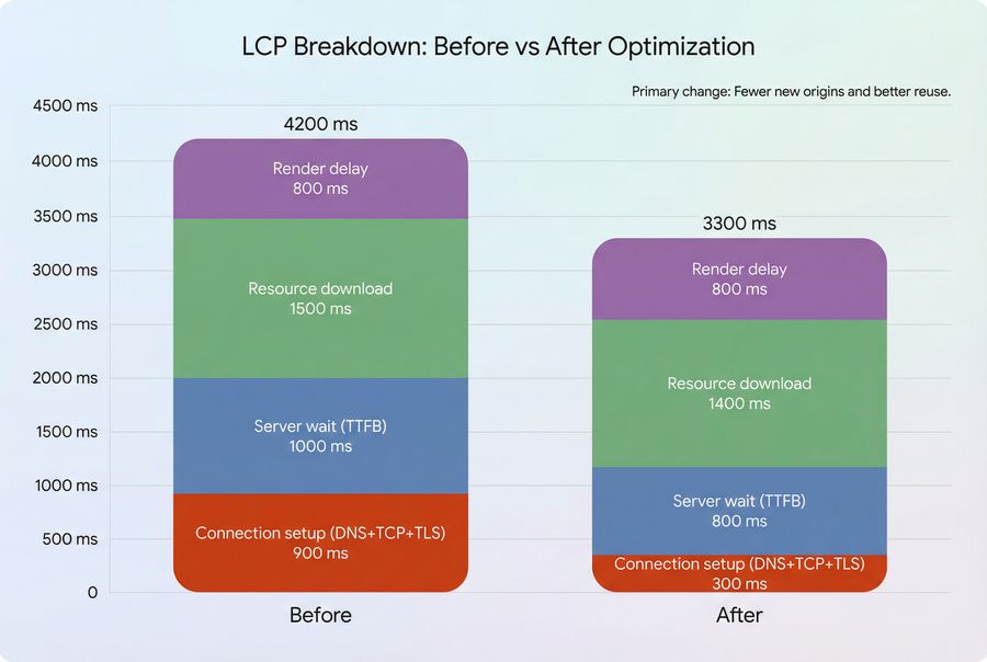 Stacked bars showing LCP breakdown before and after reducing connection setup time by lowering TCP and TLS costs