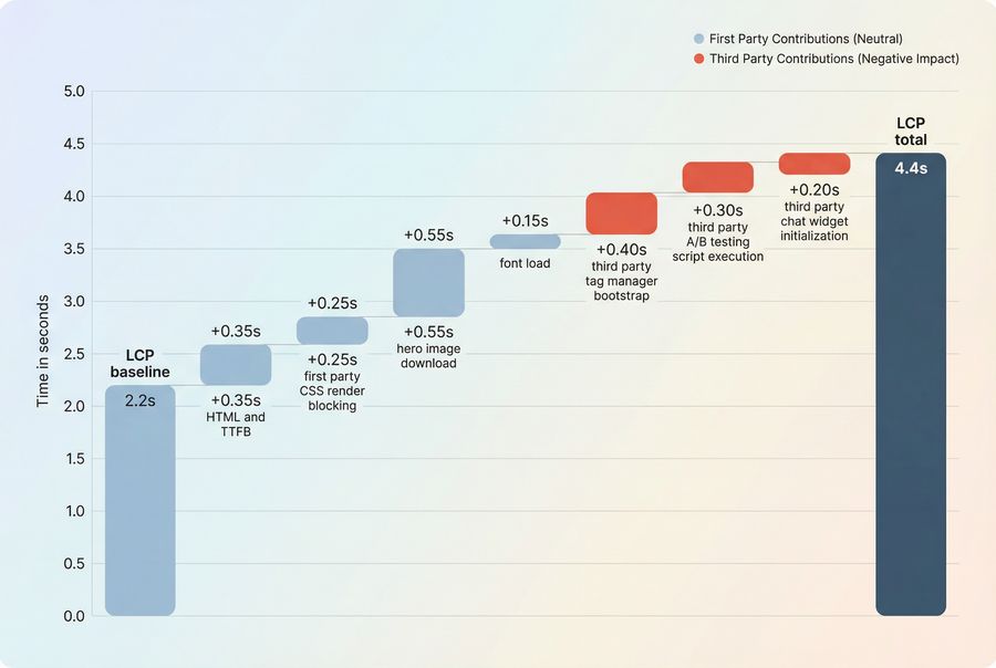 Bridge chart breaking down LCP into first party work plus third party overhead