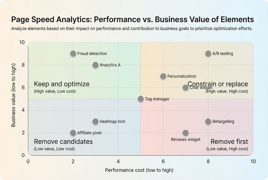 Scatter plot showing third party scripts positioned by business value versus performance cost