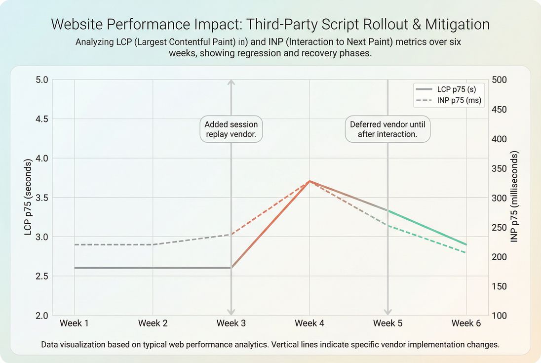 Line chart showing Web Vitals regression after adding a third party script and recovery after deferring it