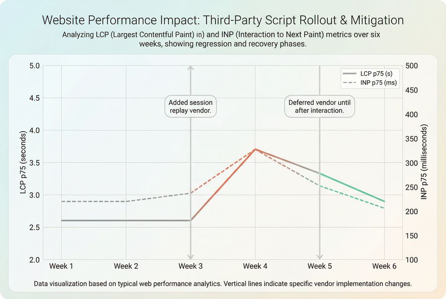 Line chart showing Web Vitals regression after adding a third party script and recovery after deferring it