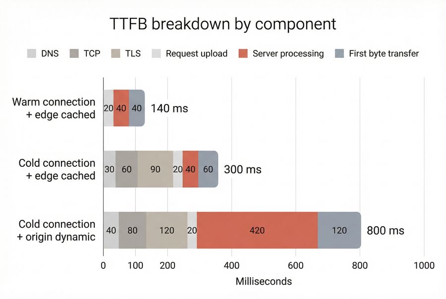 Stacked bar chart showing TTFB broken into DNS, TCP, TLS, request, server processing, and first byte transfer across three scenarios