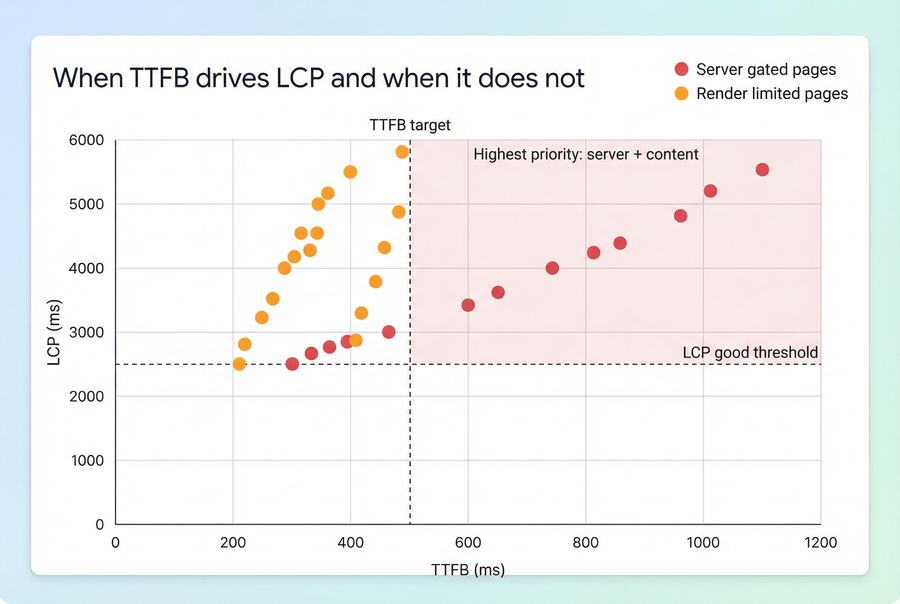 Scatter plot comparing TTFB and LCP across pages showing when TTFB is the bottleneck versus when front-end rendering dominates