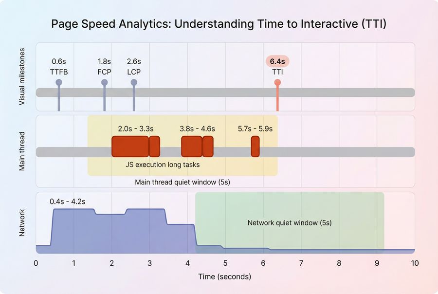 Timeline showing FCP, LCP, long tasks, and the point where TTI is reached after quiet windows