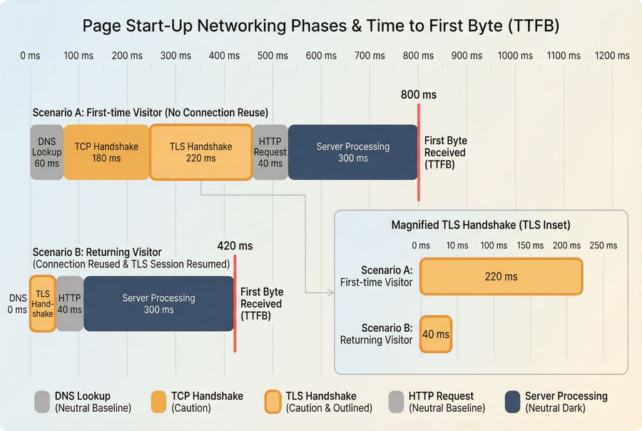 Waterfall breakdown showing where TLS handshake fits between DNS, TCP, request, and server response