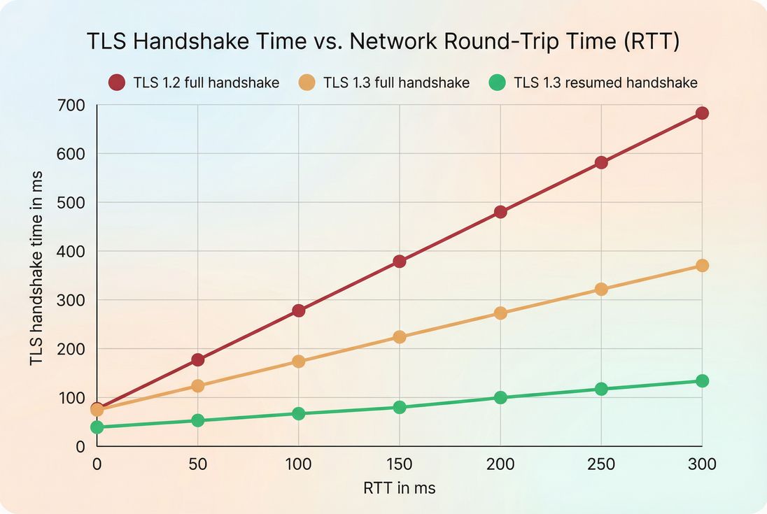Line chart showing TLS handshake time scaling with RTT for full vs resumed handshakes