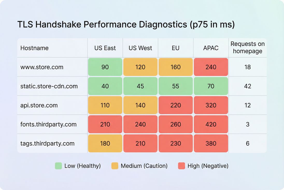 Heatmap table of p75 TLS handshake time by hostname and region highlighting third-party bottlenecks