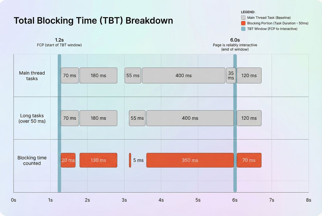 Timeline chart showing long tasks contributing to Total Blocking Time between first contentful paint and interactivity
