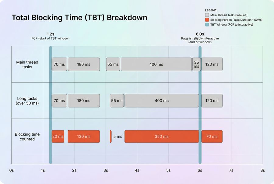 Timeline chart showing long tasks contributing to Total Blocking Time between first contentful paint and interactivity
