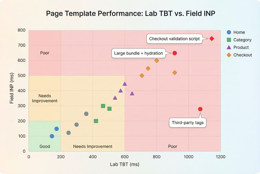 Scatter plot comparing lab Total Blocking Time to field INP across page templates