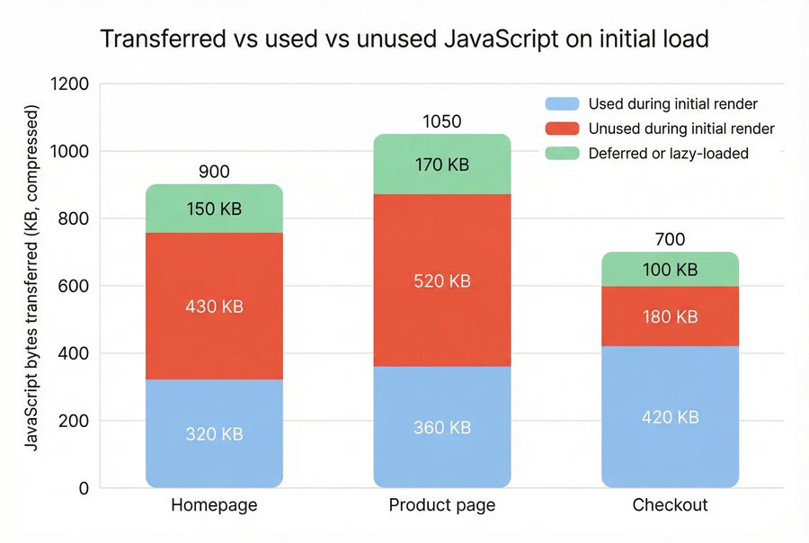 Stacked bars showing transferred JavaScript versus used and unused bytes across homepage, product page, and checkout