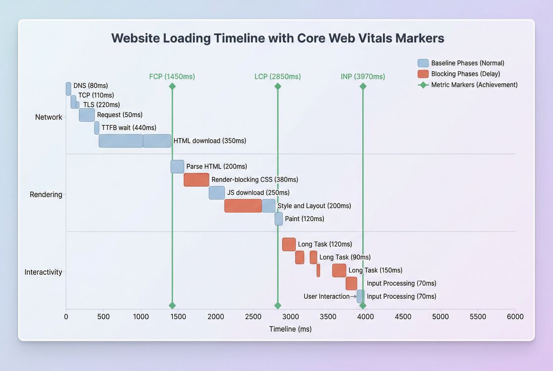 Timeline showing where common web performance metrics occur from navigation start to interactivity