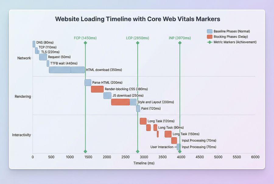 Timeline showing where common web performance metrics occur from navigation start to interactivity