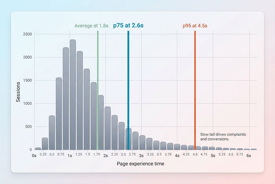 Distribution chart showing why p75 is more informative than average for web performance metrics