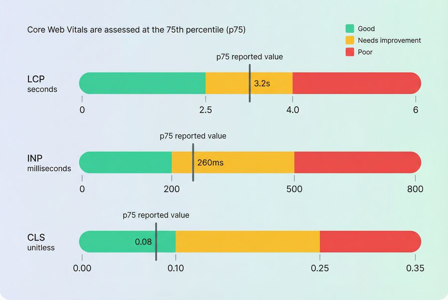 Core Web Vitals thresholds showing good needs improvement and poor ranges for LCP INP and CLS with emphasis on 75th percentile