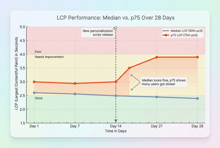 Time series comparing median and 75th percentile for LCP showing how p75 reveals tail regressions