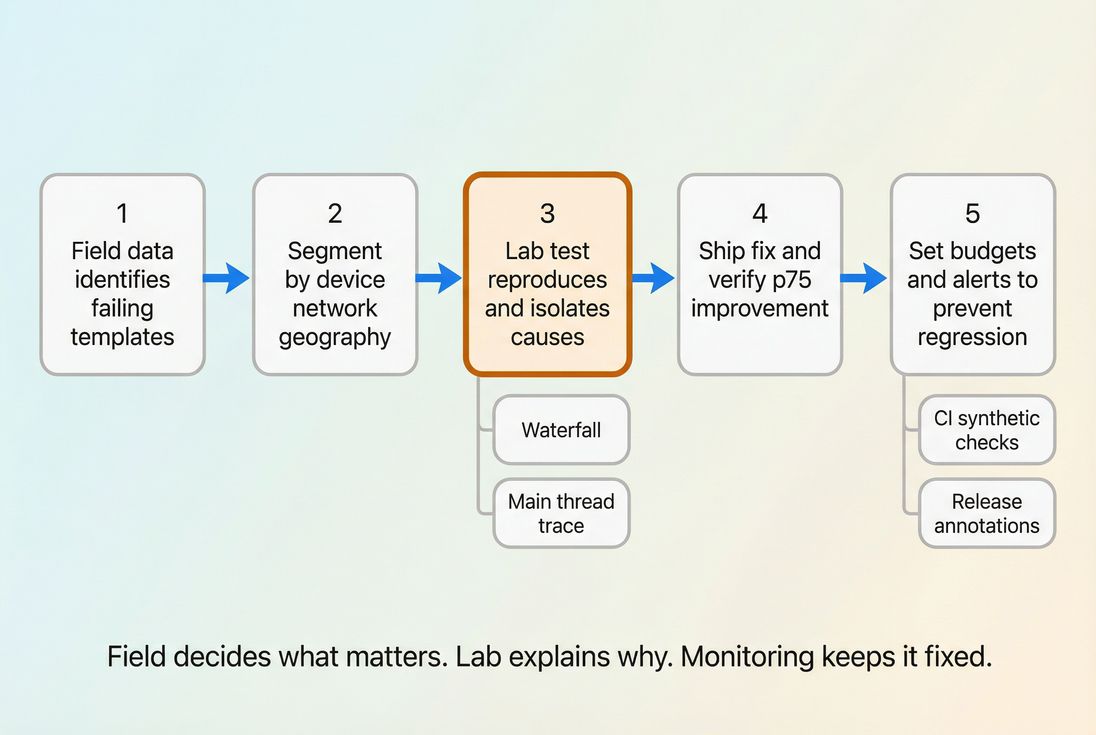 Measurement workflow showing field data segmentation to lab reproduction to fix verification and regression prevention