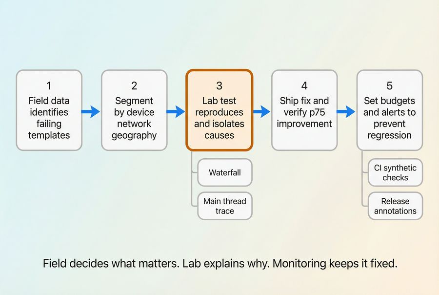 Measurement workflow showing field data segmentation to lab reproduction to fix verification and regression prevention