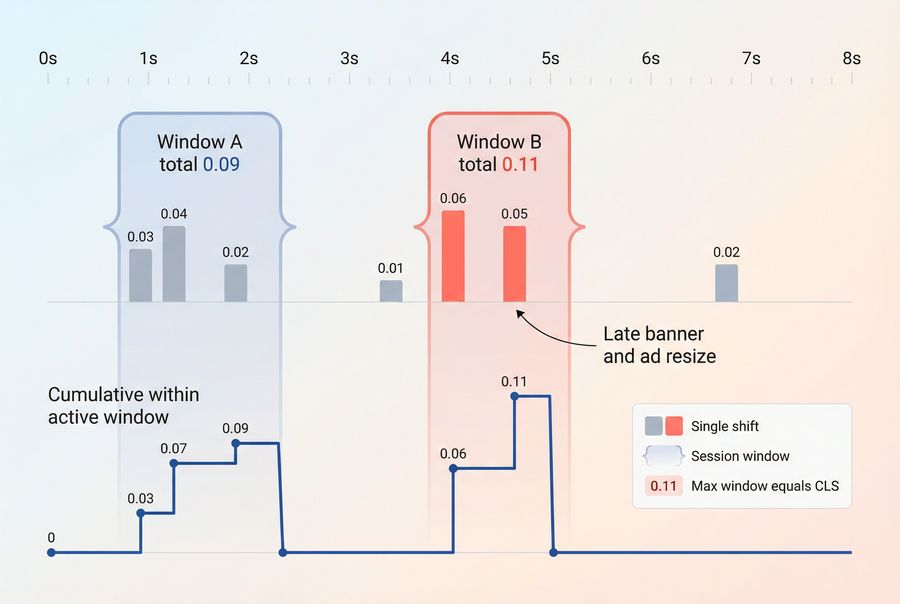 Timeline chart showing multiple layout shift events grouped into a CLS session window, with before-and-after cumulative totals and a clear largest window