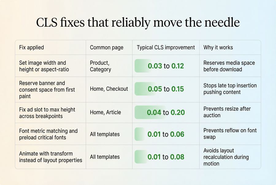 Before-and-after table visualization showing CLS fixes applied and resulting CLS improvements across key templates