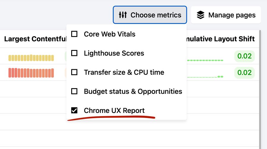 CrUX on the page list