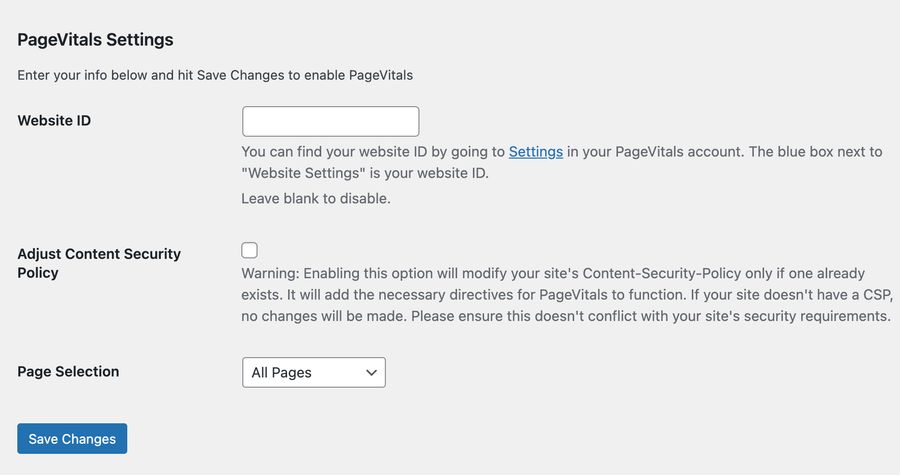 PageVitals Wordpress Plugin